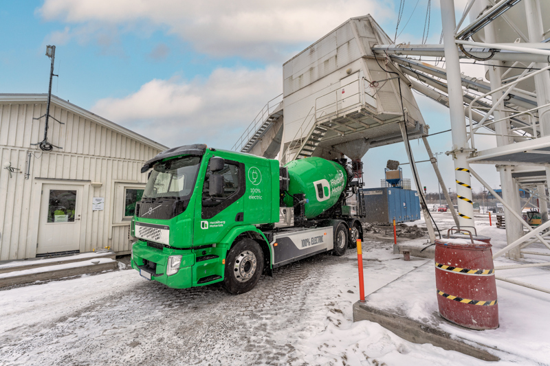 100% electric concrete truck at a concrete factory