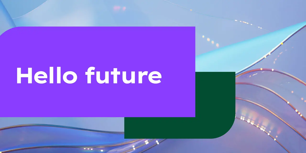 Purple and green geometric shapes with the text "Hello future" overlay a background of abstract curved lines.